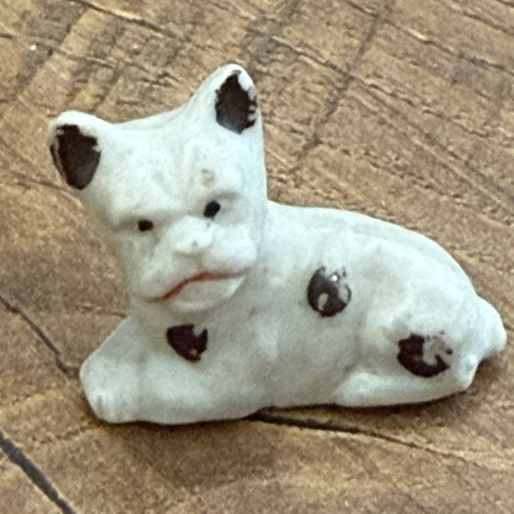 Miniature‎ Bisque White Brown Spotted French Bulldog Puppy Dog Figurine Vtg